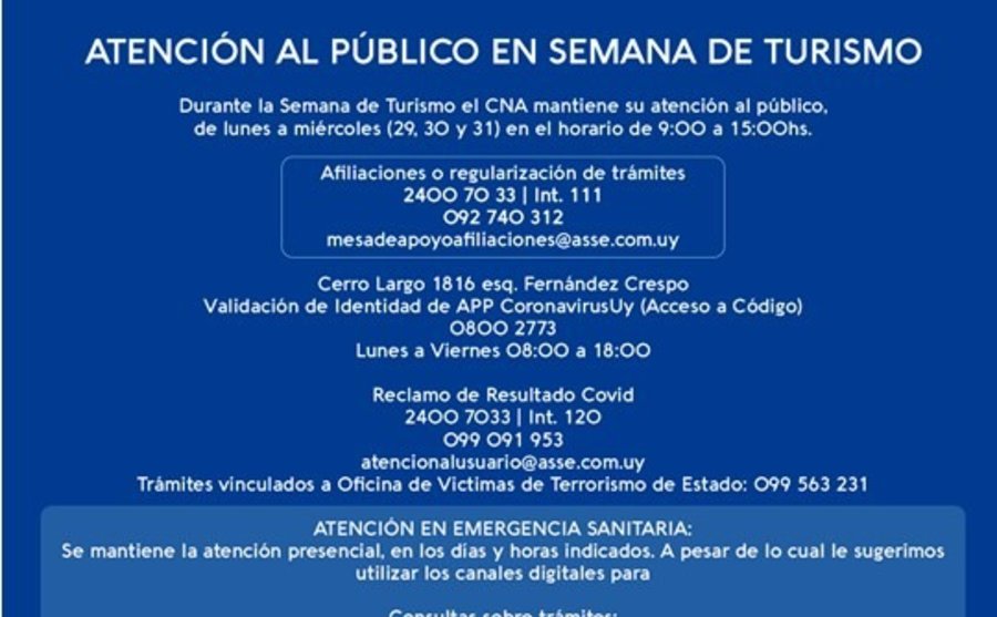 Comunicado del Centro Nacional de Afiliaciones : Atención al público en Semana de Turismo Comunicado del Centro Nacional de Afiliaciones : Atención al público en Semana de Turismo